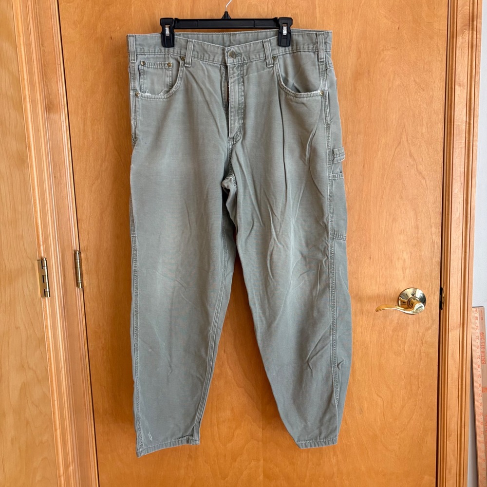 Mens Carhartt Carpenter Work Pants Olive Green Distressed Utility Trousers 37x29